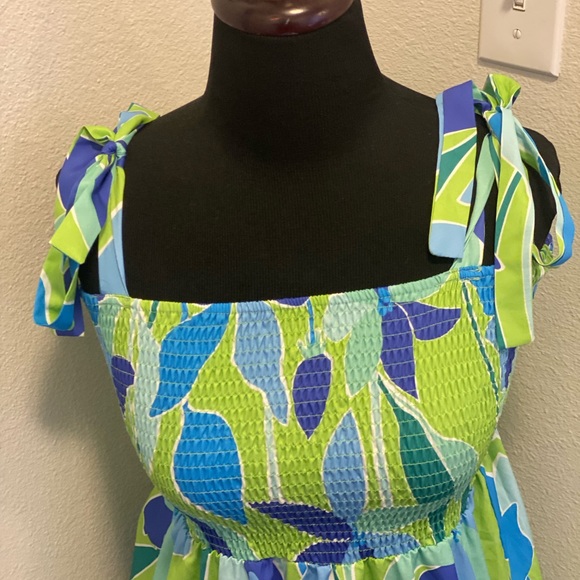 2 FOR $25Lime Green Printed Maxi Dress Smocked Flowy Sleeveless Tie Straps S M - Picture 3 of 7